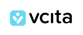 The logo features a blue square with a white icon resembling a person, next to the black text "vcita.