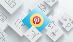 Pinterest logo in the center, surrounded by various icons such as a speech bubble, globe, rising graph, coffee cup, star, SEO tag, magnifying glass, and chain links on a light background.